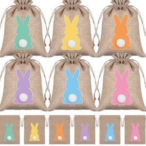 Easter Bunny Rabbit Pouch Bag 4pcs Drawstring Egg Hunt Bag Rabbit Fluffy Tail